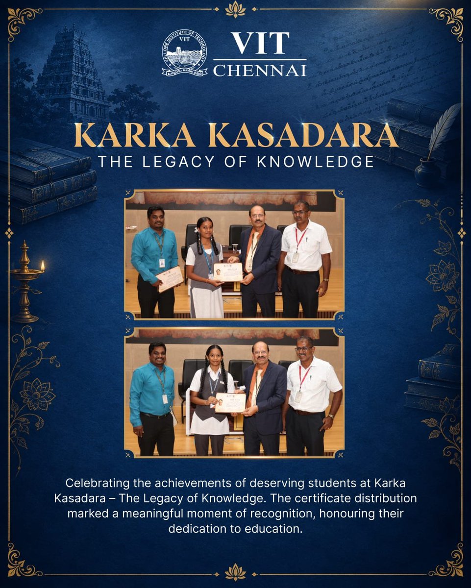 ChennaiVit's tweet photo. Karka Kasadara – The Legacy of Knowledge celebrated the spirit of learning and student achievement, with certificates presented to deserving young learners.
#KarkaKasadara #VITChennai #TheLegacyOfKnowledge #StudentAchievement #Excellence https://t.co/3sQ3b7BwTz