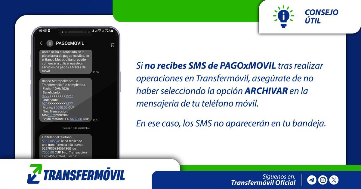 Avilacomunica's tweet photo. 📱 ¿Realizaste una operación en #Transfermóvil pero no recibes el SMS de confirmación de PAGOxMOVIL? Podría haber una causa sencilla. 🧵👇
#Transfermóvil #EtecsaConCuba https://t.co/KP9VB8Wjcr