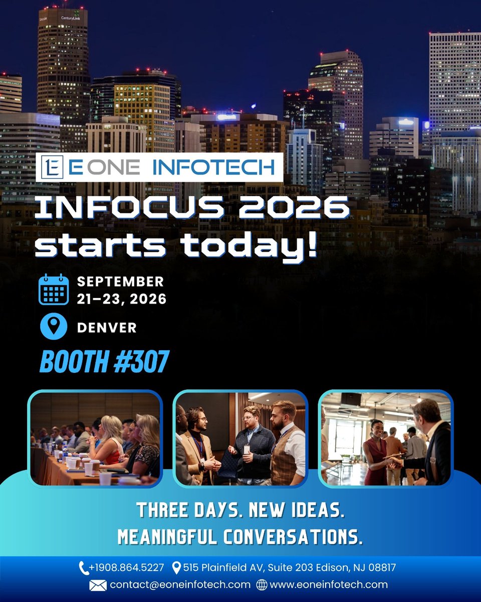 EOneInfotech's tweet photo. 🚀 INFOCUS 2026 starts today! Meet eOne Infotech in Denver, September 21–23, at Booth #307. Three days of new ideas, meaningful conversations, innovation, and opportunities to explore the future of enterprise technology
#INFOCUS2026 #JDEdwards #eOneInfotech #DigitalTransformation https://t.co/acgCbc9Alx