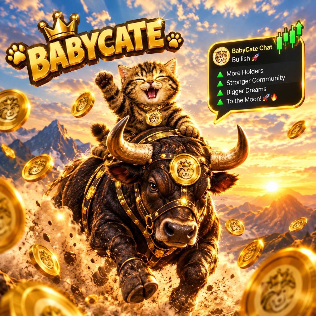 BABYCATEOnPump's tweet photo. THE BULL IS HERE. BABY CATE IS RIDING IT. 🐱🐂

No more watching from the sidelines.

We came for the whole fucking run.

The cat picked its ride and it’s not getting off anytime soon 😂

New levels ahead.
Same conviction.

WHO’S RIDING WITH BABY CATE? 🐾🚀 https://t.co/KGBTvuOdgL