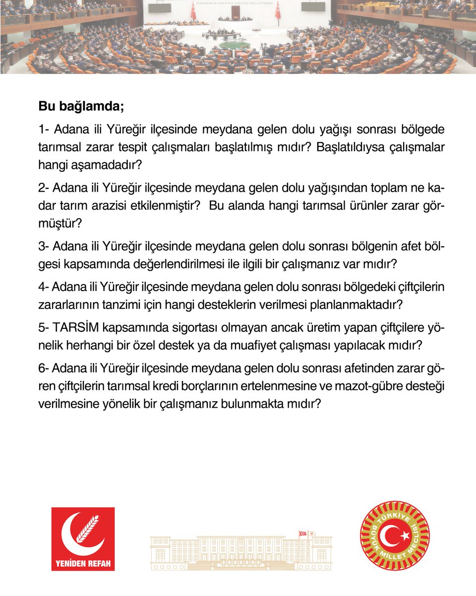 rprefahpartisi's tweet photo. Adana ili Yüreğir ilçesinde etkili olan dolu yağışı sonrası tarım alanları zarar gören vatandaşlarımızın mağduriyetine yönelik yazılı soru önergemiz Genel Başkan Yardımcımız ve İstanbul Milletvekilimiz Doğan Bekin tarafından TBMM’ye sunulmuştur. https://t.co/Qp5hYfKSZh