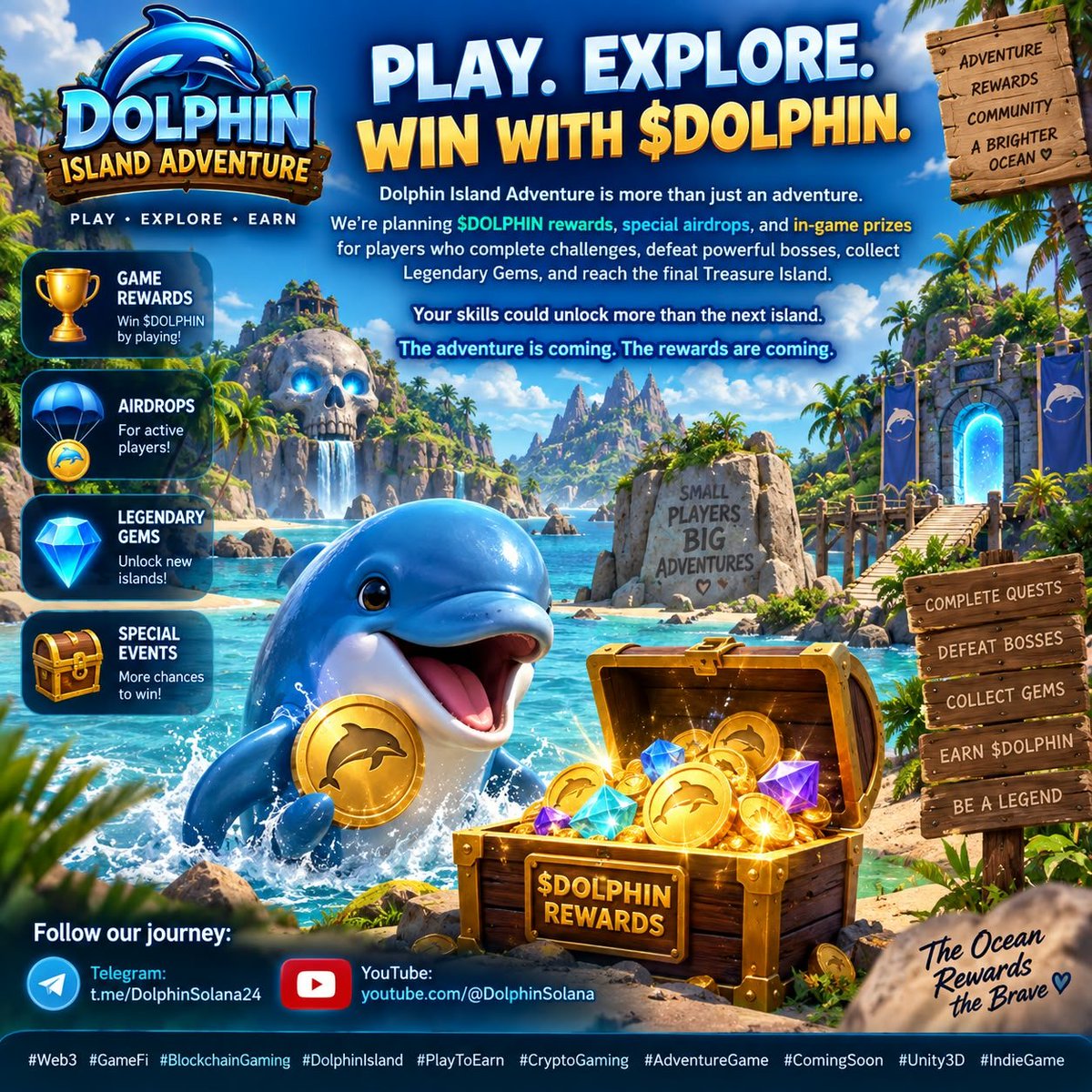 DolphinSolana24's tweet photo. 🎮 Play. Explore. Win with $DOLPHIN. 🐬💎

Dolphin Island Adventure is more than just an adventure.

We’re planning $DOLPHIN rewards, special airdrops, and in-game prizes for players who complete challenges, defeat powerful bosses, collect Legendary Gems, and reach the final Treasure Island. 🏝️⚔️

Your skills could unlock more than the next island.

The adventure is coming. The rewards are coming.

Follow our journey:

📢 Telegram: https://t.co/E73O0Iw7Bu⁠

▶️ YouTube: https://t.co/jtYtfyurGm⁠

#Web3 #GameFi #BlockchainGaming #DolphinIsland #PlayToEarn #CryptoGaming #AdventureGame #ComingSoon #Unity3D #IndieGame