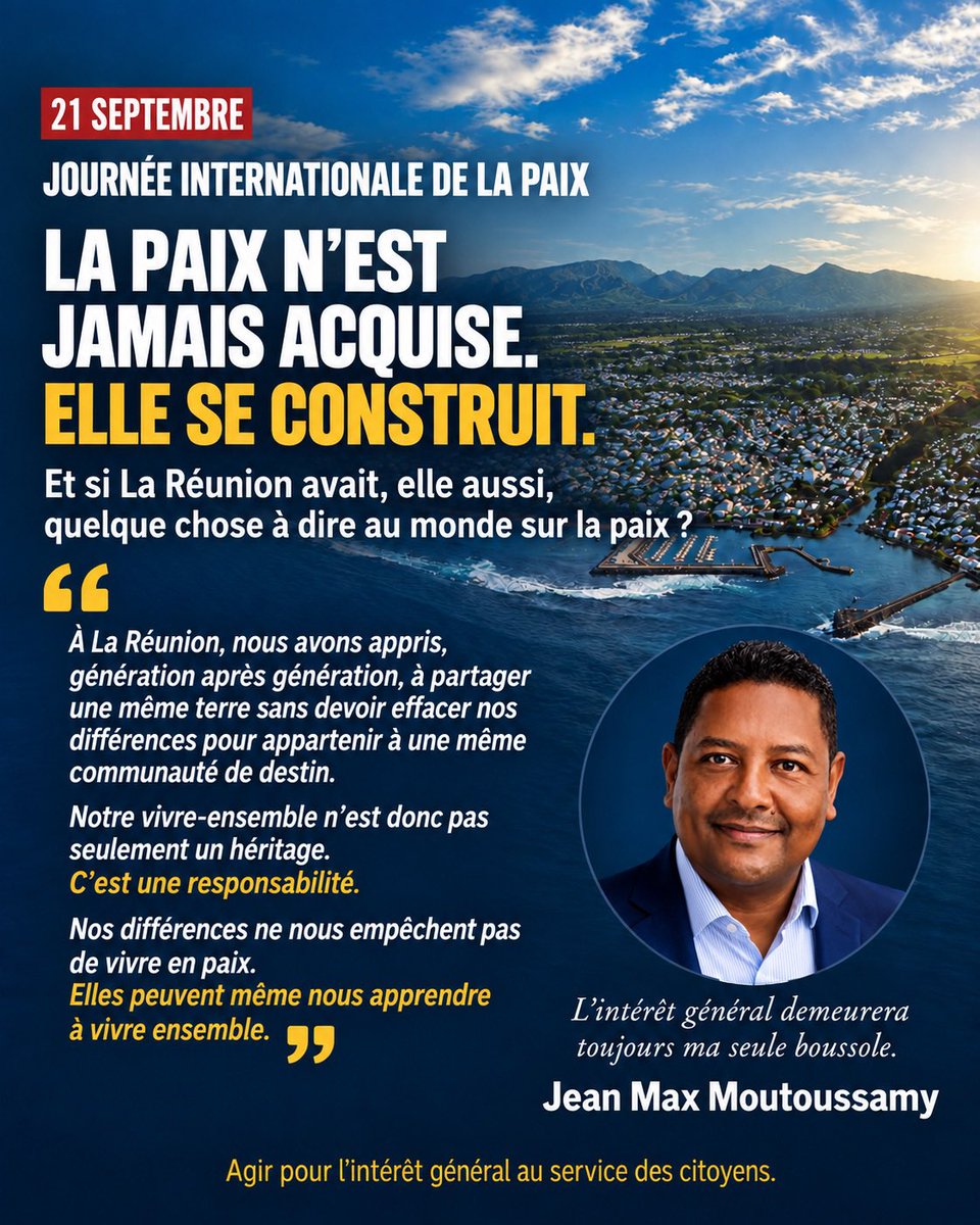 moutoussamy_jm's tweet photo. #JournéeInternationaleDeLaPaix | Dans un monde traversé par les conflits &amp; les fractures, #LaRéunion porte une expérience précieuse : celle de femmes &amp; d’hommes aux origines, cultures &amp; croyances différentes qui ont appris à construire une destinée commune. https://t.co/3rbU5DNlNZ