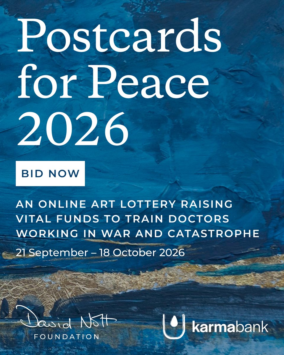 NottFoundation's tweet photo. Today, on the International Day of Peace, we have launched Postcards for Peace, an affordable online art lottery in collaboration with Karmabank.

50+ artists from around the world – including Ukraine, Belarus, Japan and Ireland – have contributed original postcard-sized works, offering art lovers the chance to own something truly unique while supporting a vital cause. Themes of peace, resilience and hope run throughout the collection.

📣 Bid now: https://t.co/m9PHOEIEvk

All proceeds go to the David Nott Foundation, who trains doctors to provide safe, skilled surgical care in countries impacted by war and catastrophe.

Image credit: 'Afterlight' by Sarah Hornby, who is participating in Postcards for Peace

#postcardsforpeace #wardoctors #charityraffle