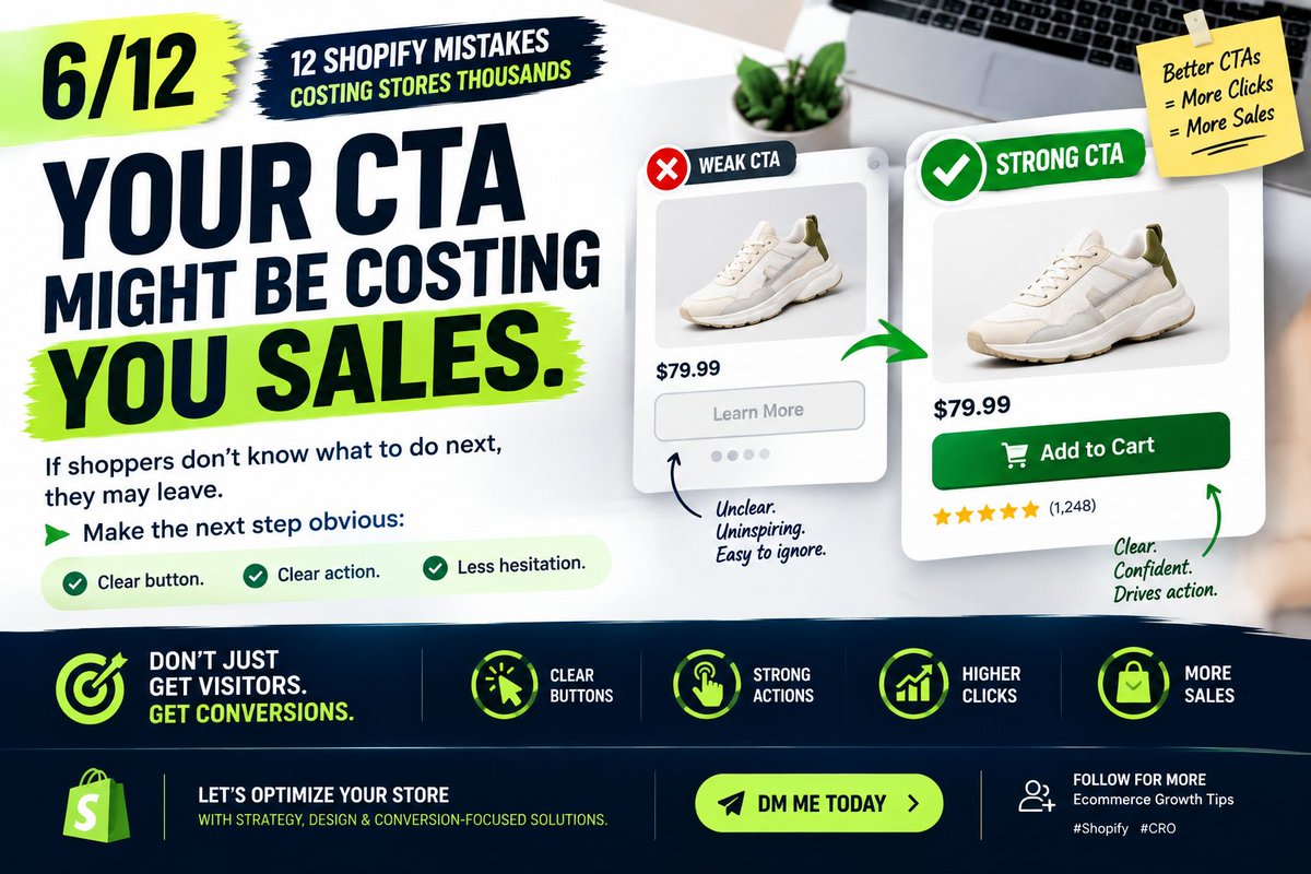 StellaDevTech's tweet photo. Day 6/12 — Weak CTA

6/12 — Your CTA might be costing you sales.

If shoppers don't know what to do next, they may leave.

Make the next step obvious:

Clear button. Clear action. Less hesitation.

#Shopify #CRO https://t.co/22hZtX5TqC