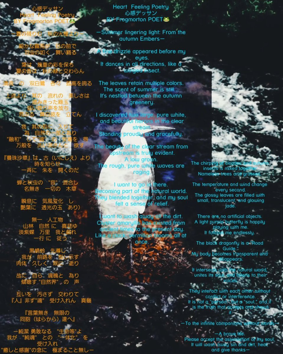 frogmorton4's tweet photo. Heart Feeling Poetry 
BY Frogmorton POET🐸

－夏の残り火:秋の火種－
－Summer lingering light: From the autumn Embers－
#日本
#詩
#詩作
#ポエム
#魂
#自然
#フロッグモートン
#japan 
#poetry 
#poet
#soul
#Frogmorton

BY @Frogmorton POET🐸 https://t.co/sh5jyCHIaf