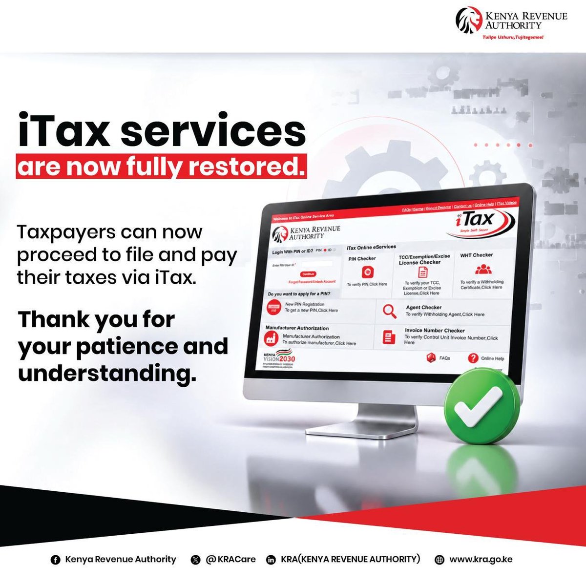 KRACorporate's tweet photo. iTax services are now fully restored.

Taxpayers can now proceed to file and pay their taxes via iTax.

Thank you for your patience and understanding.

@KRACare https://t.co/qVgPS4k1B4
