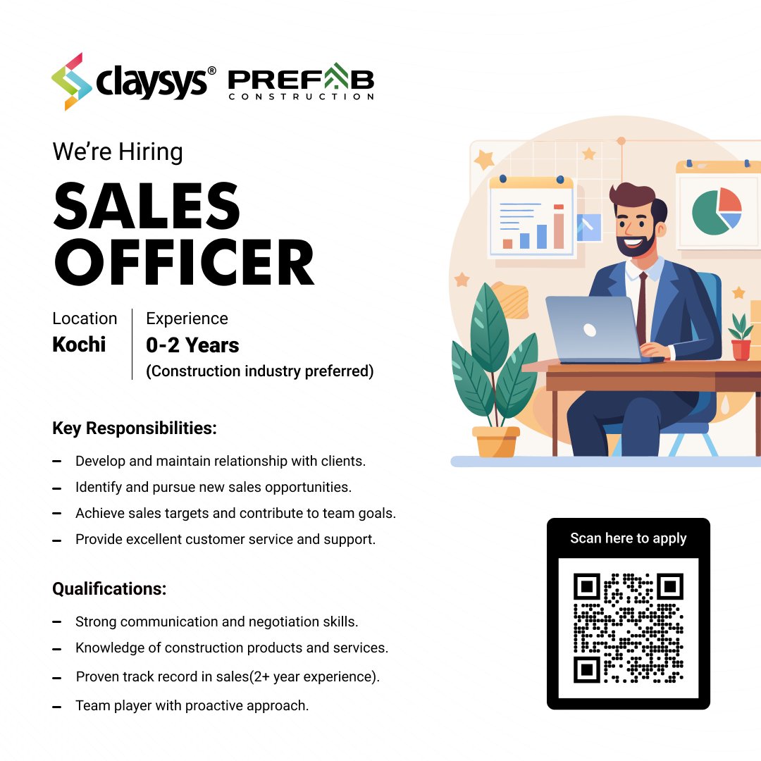 ClaySys's tweet photo. We’re Hiring - Sales Officer 

We are looking for a dynamic Sales Officer for our sister firm - ClaySys Prefab.

Apply now and grow your career with a brand built on trust, quality, and innovation.
Learn more: https://t.co/mOWeHq8jnz

 #jobkochi #salesofficer #salesofficerhiring https://t.co/irbZfEFMu1