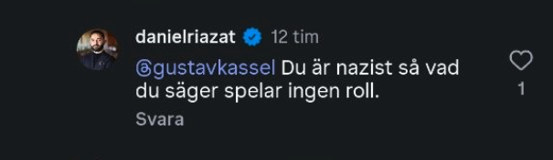 gustavkassel's tweet photo. "Du är nazist" 

– Avgående riksdagsledamoten Daniel Riazat, numera partiledare för Framtidens Vänster, reagerar starkt efter att jag skrev några känsliga fakta om mordet på Folke Bernadotte.

Utrikesdepartementet lade upp en status på Instagram med texten "HJÄLTE" där de beskrev Bernadotte i positiva ordalag. 

Gott så, men de utelämnade alla detaljer kring hans död: ett politiskt motiverat mord utfört av terrorister.

Jag skrev en kommentar:

"Han var gudfar till vår nuvarande kung. Blev mördad av judiska terrorister som belönades med toppositioner i Israel. Än idag har inget svenskt kungapar besökt Israel, en markering mot att Folke mördades och att ingen ursäkt någonsin framfördes. Varför nämner ni inte dessa mest avgörande fakta när man talar om en av våra främsta diplomater någonsin?"

Daniel Riazat svarade: "Du är nazist så vad du säger spelar ingen roll".

Jag har lyft fram vänsterns förfall många gånger under valrörelsen. Dagens vänster är irrelevant, oavsett om det handlar om det mer etablerade Vänsterpartiet eller de påstått radikala utbrytarna. I grund och botten har de blivit anhängare av de rörelser och idéer som de så länge påstod sig kämpa emot. De bedriver ingen som helst folkbildning i dessa frågor, antingen för att de inte kan eller inte vill. Det var jag, inte Riazat eller någon annan vänsterpolitiker, som tog debatter om sionismen, om EU, Epstein-härvan och andra globala lobbygrupper, Nato, Ukraina och Ryssland – och många fler av världspolitikens avgörande frågor. 

Det enda vänstern gör är att skrika och gapa, vara odrägliga, kalla meningsmotståndare för fula saker. 

Inte heller palestinierna själva uppskattar Riazats angrepp mot mig. Se kommentarer i bilderna. 

Det kan för övrigt vara värt att notera att Riazat är exiliranier, och att han (liksom Nooshi Dadgostar) har ställt sig på USA:s och Israels sida i kriget mot hans eget hemland Iran. När attacken inleddes och statsledningen (inklusive familjer) mördades sa han att han "hade glädjetårar i ögonen". 

En sådan vänster har naturligtvis ingen framtid, oavsett vad den kallar sig. 

Dagens enda svenska parti för suveränitet och mot globalism är Alternativ för Sverige. Här finns framtiden.
