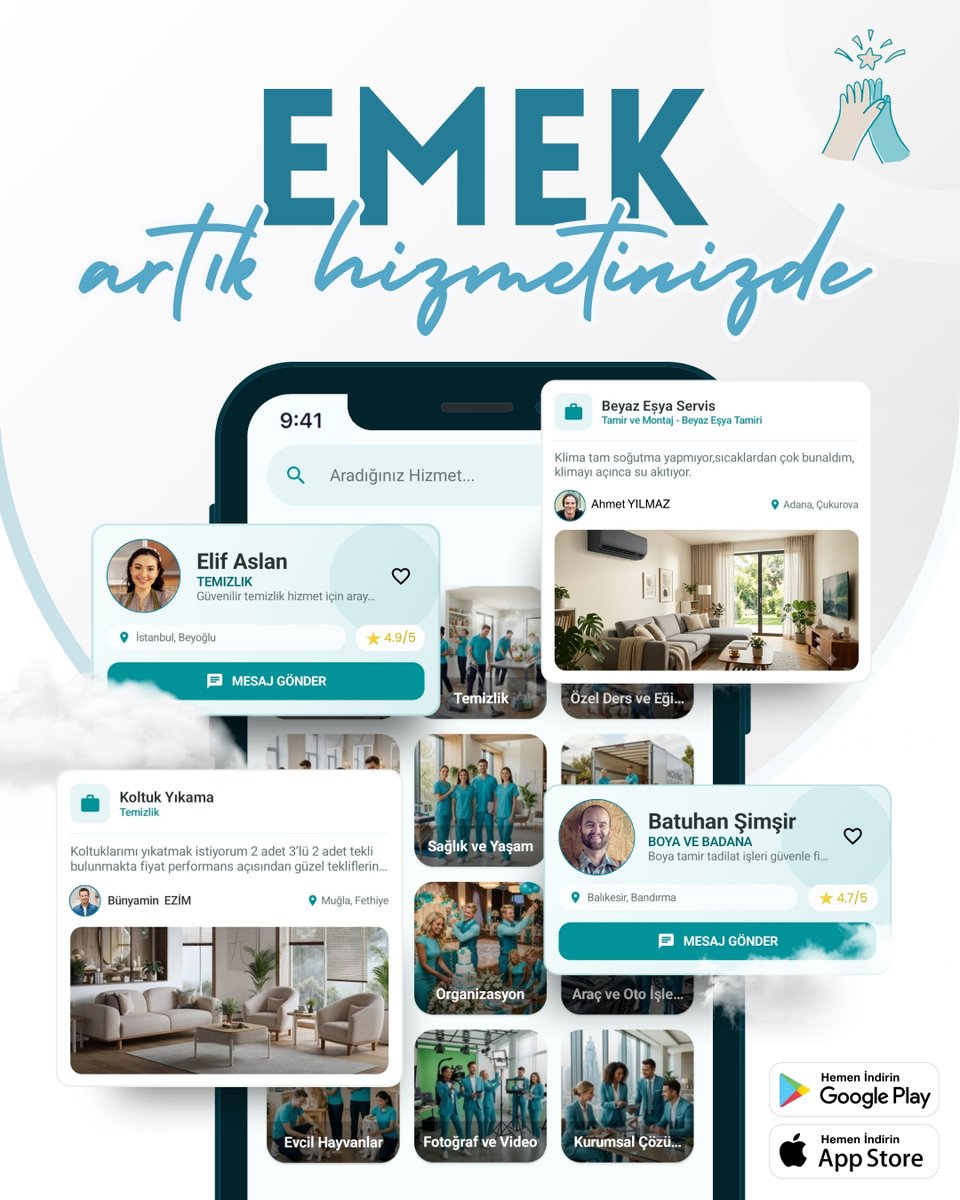 emek_app's tweet photo. EMEK uygulamasından ister ilgili işinizle alakalı ilan paylaşarak piyasa araştırması yapın, ister dijital kartvizitten aradığınız ustaya anında ulaşın! Hemen EMEK uygulamasını indir, aradığın ustayı anında bul!

#hizmet #alan #hizmet #veren #emekapp #emek https://t.co/pUEfQJRwqn