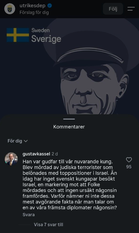 gustavkassel's tweet photo. "Du är nazist" 

– Avgående riksdagsledamoten Daniel Riazat, numera partiledare för Framtidens Vänster, reagerar starkt efter att jag skrev några känsliga fakta om mordet på Folke Bernadotte.

Utrikesdepartementet lade upp en status på Instagram med texten "HJÄLTE" där de beskrev Bernadotte i positiva ordalag. 

Gott så, men de utelämnade alla detaljer kring hans död: ett politiskt motiverat mord utfört av terrorister.

Jag skrev en kommentar:

"Han var gudfar till vår nuvarande kung. Blev mördad av judiska terrorister som belönades med toppositioner i Israel. Än idag har inget svenskt kungapar besökt Israel, en markering mot att Folke mördades och att ingen ursäkt någonsin framfördes. Varför nämner ni inte dessa mest avgörande fakta när man talar om en av våra främsta diplomater någonsin?"

Daniel Riazat svarade: "Du är nazist så vad du säger spelar ingen roll".

Jag har lyft fram vänsterns förfall många gånger under valrörelsen. Dagens vänster är irrelevant, oavsett om det handlar om det mer etablerade Vänsterpartiet eller de påstått radikala utbrytarna. I grund och botten har de blivit anhängare av de rörelser och idéer som de så länge påstod sig kämpa emot. De bedriver ingen som helst folkbildning i dessa frågor, antingen för att de inte kan eller inte vill. Det var jag, inte Riazat eller någon annan vänsterpolitiker, som tog debatter om sionismen, om EU, Epstein-härvan och andra globala lobbygrupper, Nato, Ukraina och Ryssland – och många fler av världspolitikens avgörande frågor. 

Det enda vänstern gör är att skrika och gapa, vara odrägliga, kalla meningsmotståndare för fula saker. 

Inte heller palestinierna själva uppskattar Riazats angrepp mot mig. Se kommentarer i bilderna. 

Det kan för övrigt vara värt att notera att Riazat är exiliranier, och att han (liksom Nooshi Dadgostar) har ställt sig på USA:s och Israels sida i kriget mot hans eget hemland Iran. När attacken inleddes och statsledningen (inklusive familjer) mördades sa han att han "hade glädjetårar i ögonen". 

En sådan vänster har naturligtvis ingen framtid, oavsett vad den kallar sig. 

Dagens enda svenska parti för suveränitet och mot globalism är Alternativ för Sverige. Här finns framtiden.