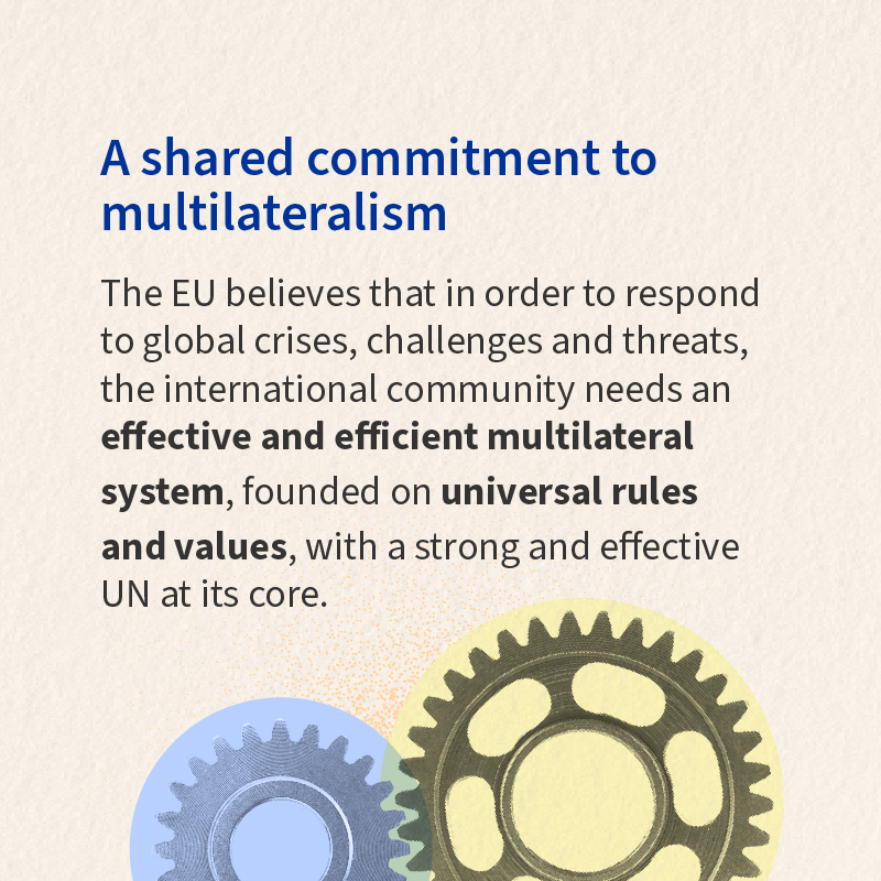 Title: A shared commitment to multilateralism
Description: The EU believes that in order to respond to global crisis, challenges and threats, the international community needs an effective and efficient multilateral system, founded on universal rules and values, with a strong and effective UN at its core.