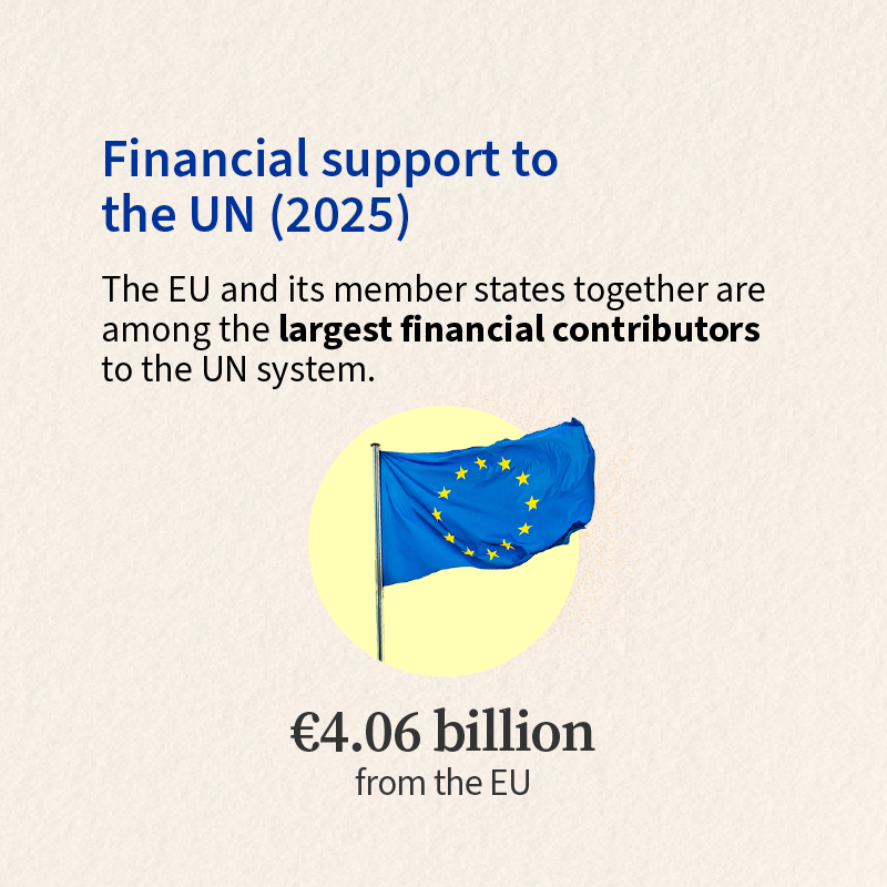 Title: Financial support to the UN (2025)
Text: The EU and its member states together are among the largest financial contributors to the UN system.
In 2025, the EU provided €4.06 billion to the UN.
