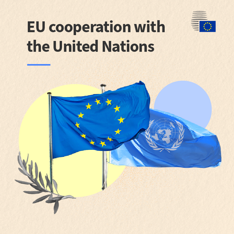 EU and UN flags with the title: “EU cooperation with the United Nations”.