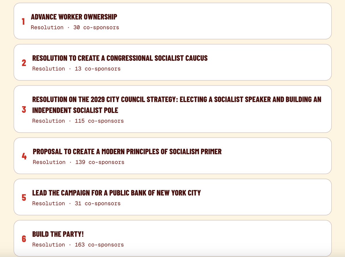 AWO_NYCDSA_Con's tweet photo. We also have a platform of six resolutions that would develop an explicitly socialist political pole that fights for worker ownership of the means of production.

AWO: https://t.co/gaFvxAZL4e
Soc Caucus:
https://t.co/tyiylXGDbi
Explicit Socialism Platform:
https://t.co/F9RmnXZV58 https://t.co/cCQJfE4KOl