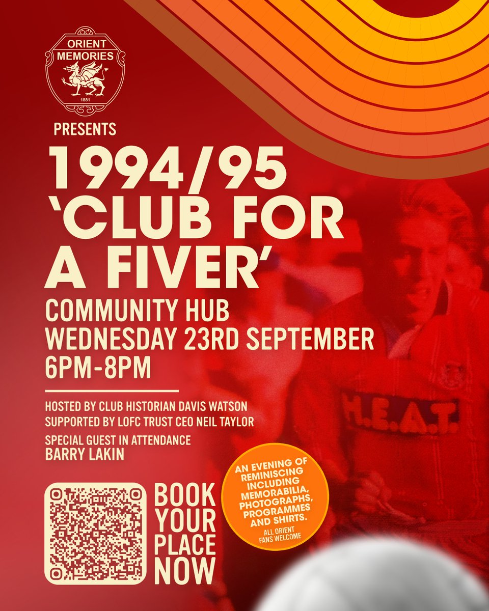 leytonorientfc's tweet photo. ⏮️ ‘Club For a Fiver’ 👊

Leyton Orient will host the second instalment of the ‘Orient Memories’ series focusing on the 1994/95 season 👇

🔗 https://t.co/zGG7Tzva9H

#LOFC #OneOrient https://t.co/XIHS5feLuq