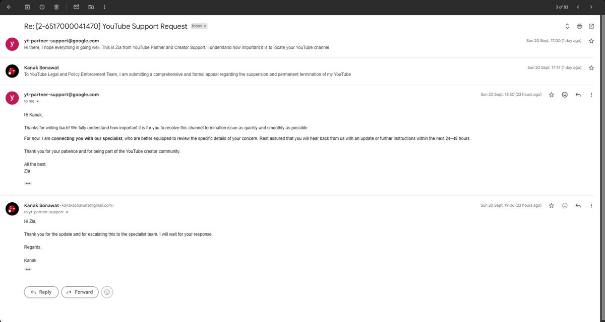 techkanakog's tweet photo. @TeamYouTube 
 I've appealed my channel termination multiple times over 3 months via form, but got 0 response or confirmation email. Page shows "Your email has been sent" then resets to blank form on refresh. Please help me with a manual review! URL: https://t.co/EpYyop76aq https://t.co/H3Vt6zIRKs