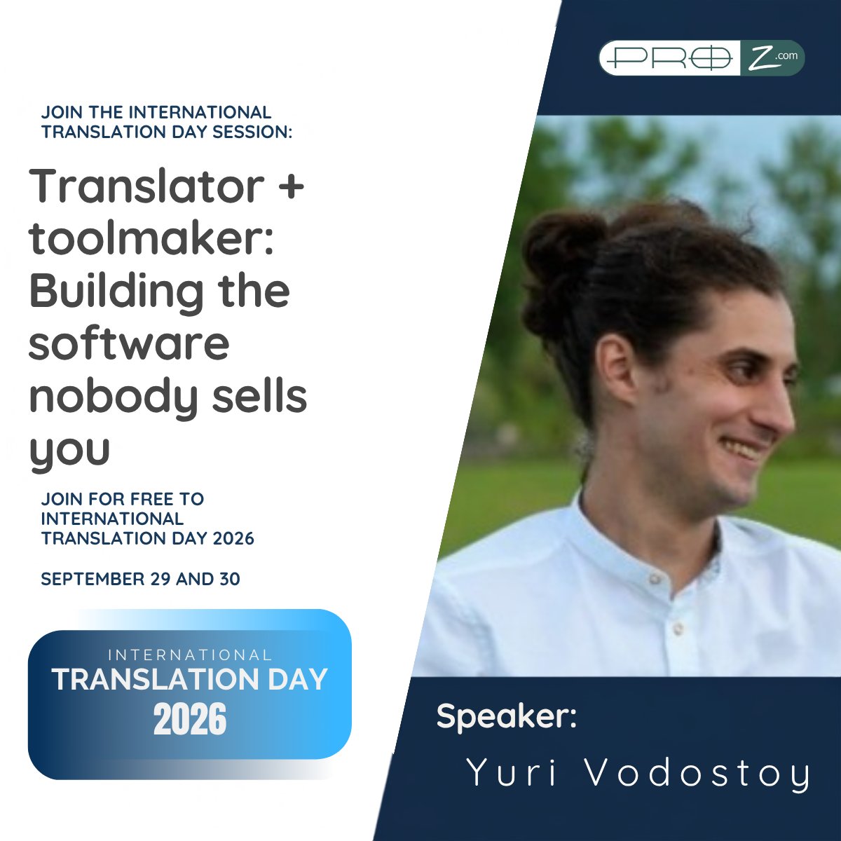 ProZcom's tweet photo. 🛠️ Translator + Toolmaker:  Yuri Vodostoy built the software nobody sells — tackling file conversion, layout &amp; QA reporting. Now, he will teach YOU how it's done. 

📅 Sept 29–30 | Free online event 
👉 Register: https://t.co/Etq5xEha1L

 #ITD2026 https://t.co/EiV9XRpGQ7