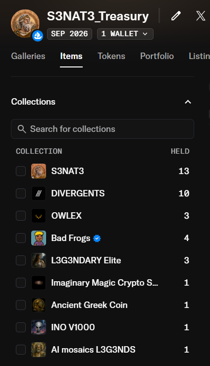 _S3NAT3_'s tweet photo. 🏛️ Since the mint, S3NAT3_Treasury has been growing.

It currently holds:

🖼️ 13 @_S3NAT3_ NFTs
💎 10 L3G3NDARY Pass staked 
🏛️ 10 @Divergents_eth NFTs
🦉 3 @Owlexart NFTs
🐸 4 @BADFROGS11 NFTs
💰 0.031 ETH
🪙 1.5M LGND

And several other NFTs.

Decisions on future S3NAT3_Treasury spending and distribution among holders are made by a vote of the S3NAT3.

Every S3NAT3 NFT has a vote. 🏛️