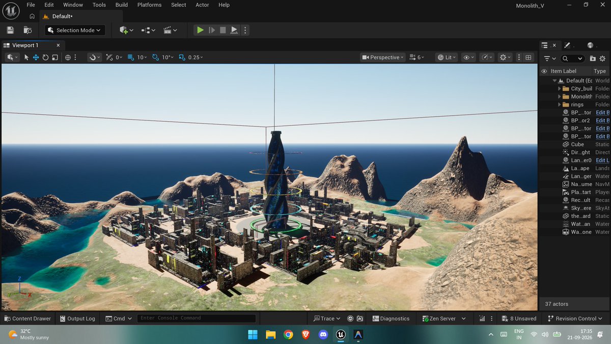 mnn963's tweet photo. First look at the level layout: Central Monolith rising from the island base, wrapped in altitude checkpoint rings.👀

Geometry, lighting(atm left), and city block out in place. The whole game is about going up.

#UnrealEngine5 #LevelDesign #GameDev #Scifi #MonolithV https://t.co/OuEW1Sbfhg