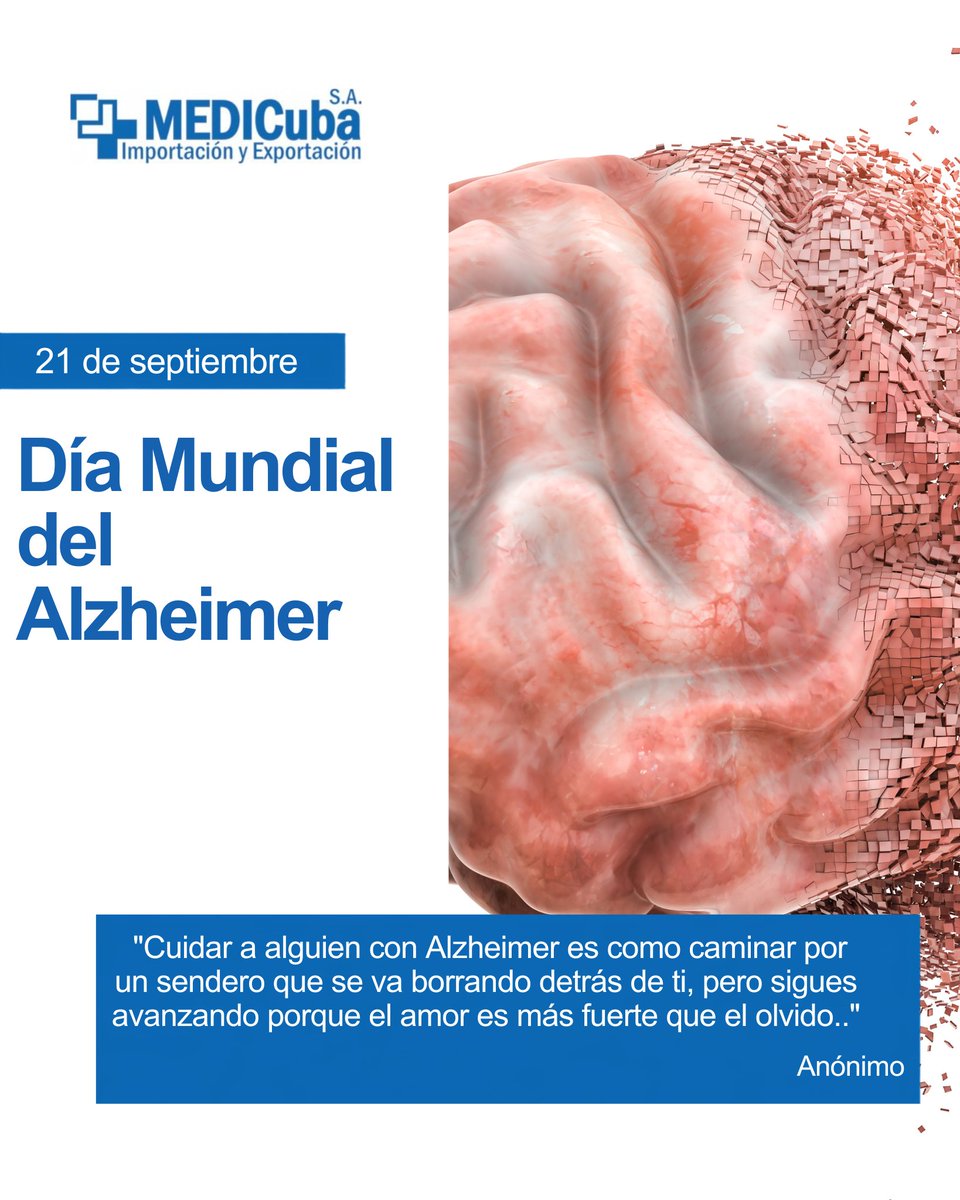 _MEDICuba's tweet photo. 📅 21 de septiembre | Día Mundial del Alzhéimer.
La demencia afecta a más de 56 millones de personas en el mundo. En Cuba, cerca de 160 000 viven con alzhéimer.

Cuidar la salud cerebral es un acto de amor. Hablemos, informémonos y apoyemos a quienes lo necesitan. 
#medicubasa https://t.co/d1yqIeYHwa