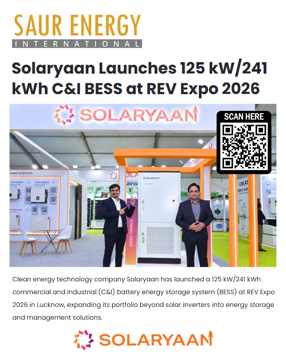 Solaryaan_'s tweet photo. #Solaryaan in News! ⚡🔋
Featured in #SaurEnergyInternational for launching our 125 kW / 241 kWh C&amp;I #BESS at #REVExpo2026, #Lucknow.
🔗 https://t.co/QWIKP7Bpoq
Expanding beyond solar inverters into energy storage &amp; intelligent energy management.

#EnergyStorage #CleanEnergy https://t.co/OvGEseCqic