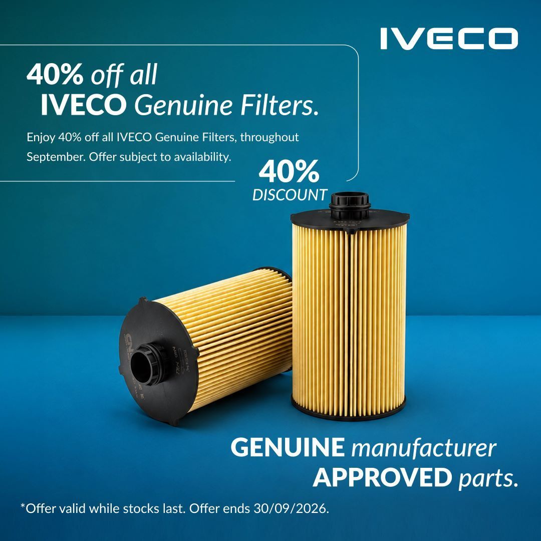 NETVLtd's tweet photo. ***40% off all IVECO Genuine Filters***

Enjoy 40% off all IVECO Genuine Filters, throughout September at NETV

Find out more - https://t.co/nhgn36kYzT 

Call 01642 370555 to speak to your local IVECO parts specialist

*Offer valid while stocks last. Offer ends 30/09/2026. https://t.co/SFQk7dld3m
