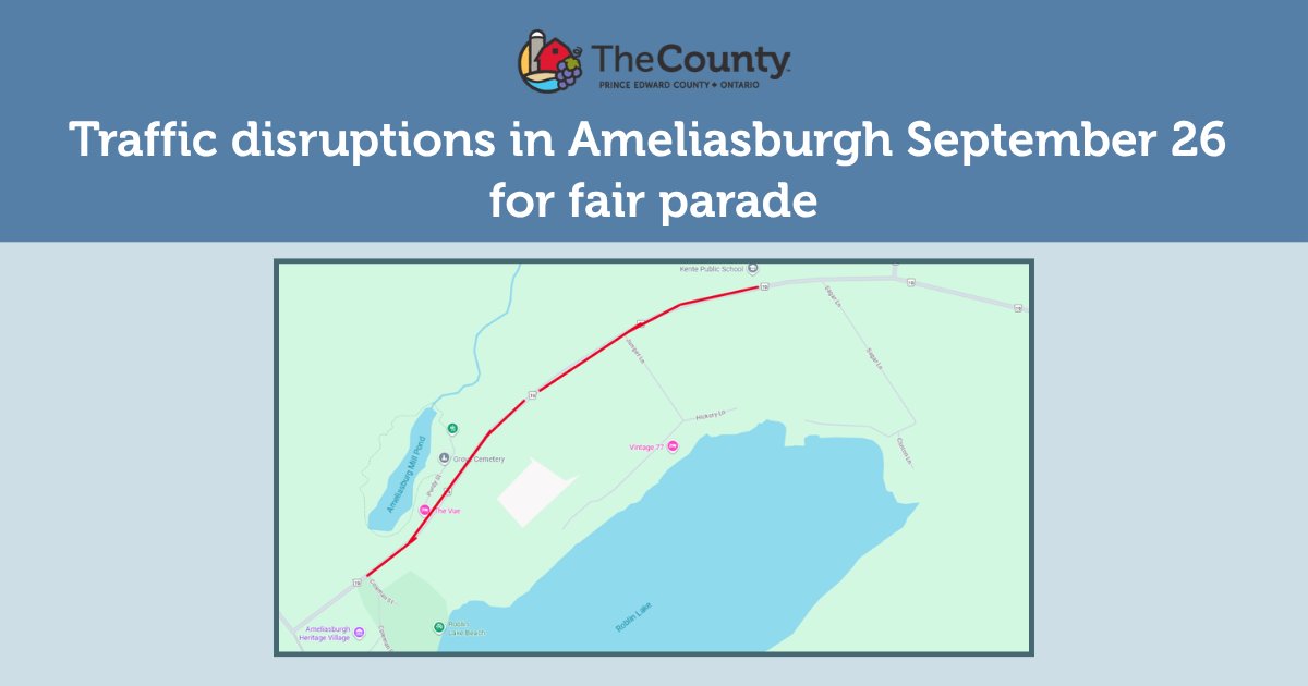 Shire_Hall's tweet photo. Road closures and restrictions will be in place in Ameliasburgh on Saturday, September 26 for the Ameliasburgh Fall Fair parade.

County Road 19 will be closed between Kente Public School (264 County Road 19) and Roblin Lake Park (38 Coleman Street) from 9 am – 10 am. https://t.co/GRWNGSMgIQ