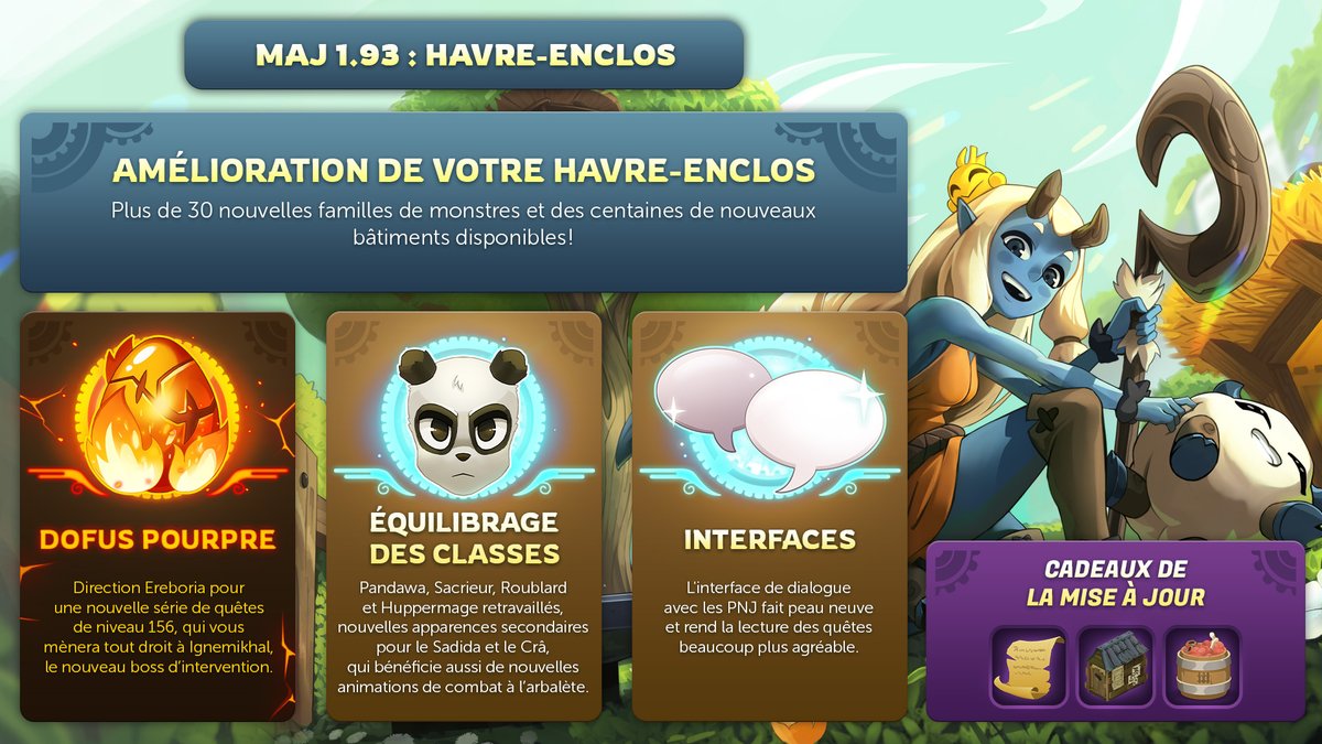 WAKFU_FR's tweet photo. 🔥 Plus qu'un dodo avant la mise à jour 1.93 de #WAKFU ! 

👀 Voici un récapitulatif de ce qui vous attend ainsi qu'une prévisualisation du cadeau qui sera récupérable dès demain dans la boutique pour célébrer ce lancement. 🎁 https://t.co/N4kzoEkE8u