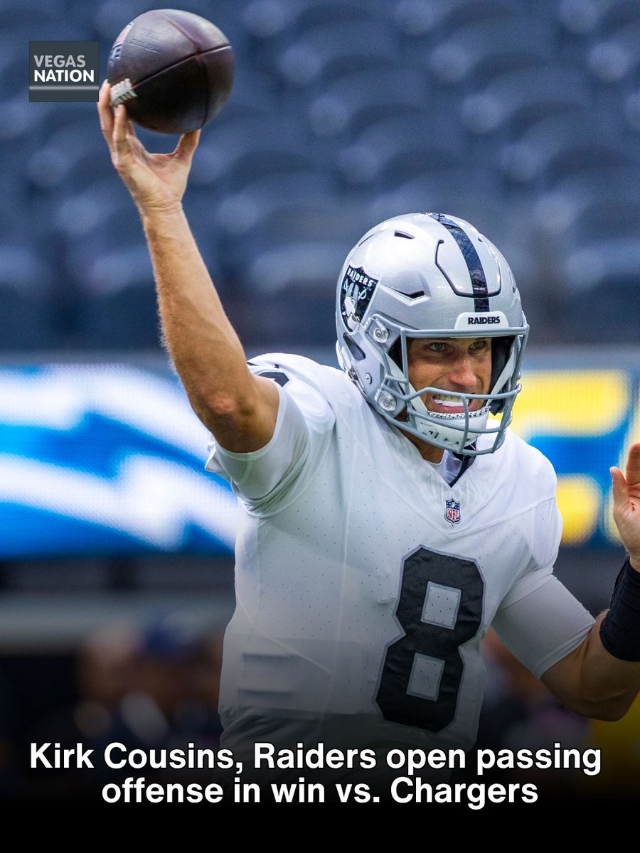 VegasNation's tweet photo. On passes more than 10 yards beyond the line of scrimmage Sunday, @Raiders QB Kirk Cousins totaled 181 yards via 8-of-12 passing, according to NFL Next Gen Stats.
READ MORE: https://t.co/oEfiG9lLzB https://t.co/RoDfVNg8NQ