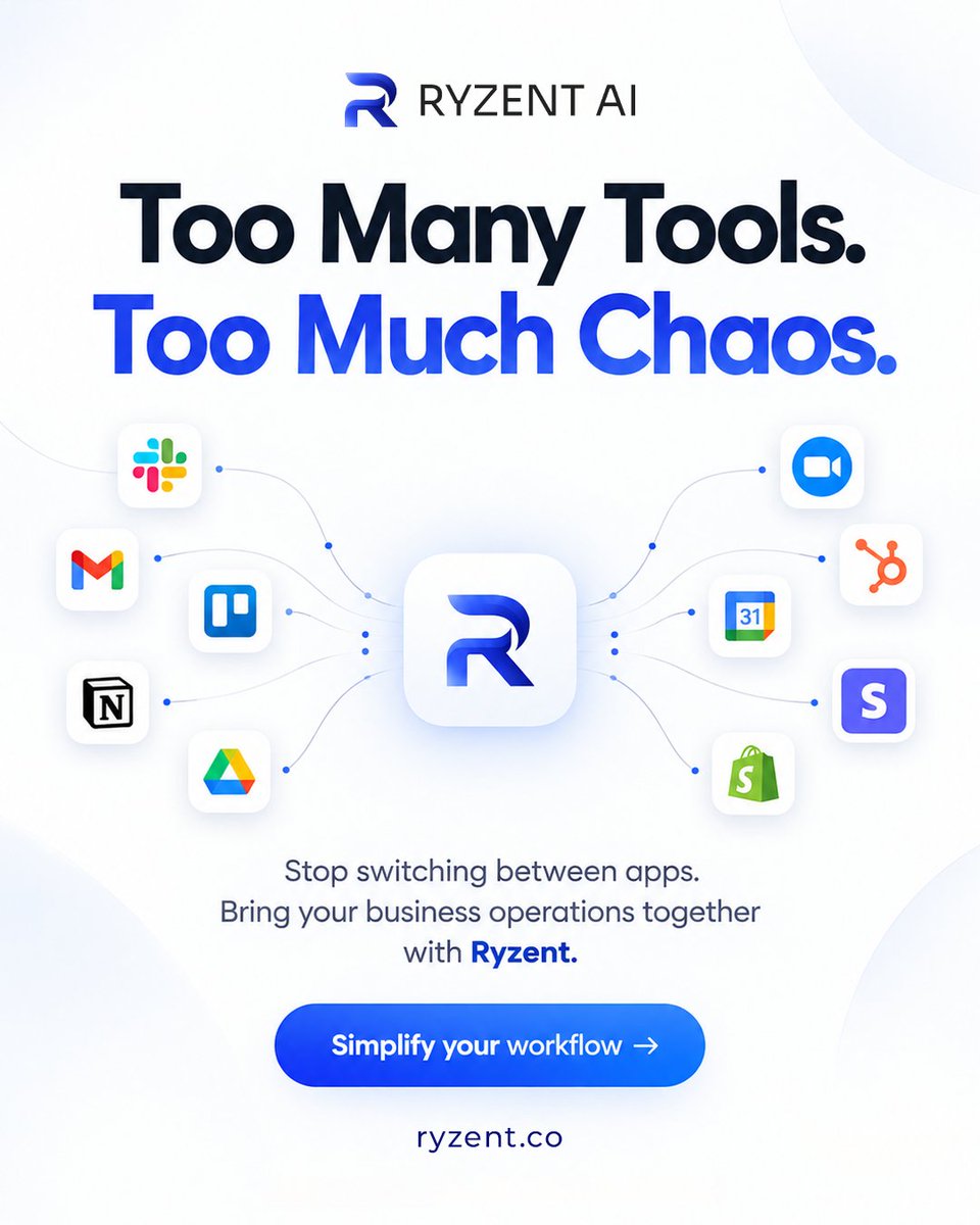 siaryzent's tweet photo. Too many tools = Too much chaos. 
🛑 Stop jumping between 10 different apps every single day. Bring your communications, projects, and business operations together with Ryzent.   
Simplify your workflow ➡️ https://t.co/KgZKDICMN9   
#RyzentAI #Workflows #SaaS #BusinessTools https://t.co/aWUN1RD9LM