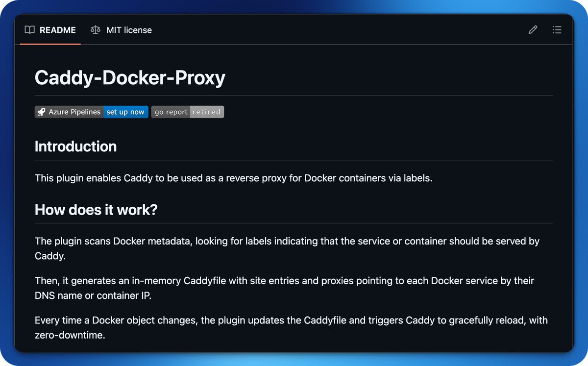 GithubProjects's tweet photo. Route web traffic to Docker containers using only labels.

- Configure sites directly in Docker labels
- Reloads gracefully without downtime
- Automatic HTTPS certificates included

Explore it here:
https://t.co/MjfPH0fOpr https://t.co/N9L6Vhxo9I