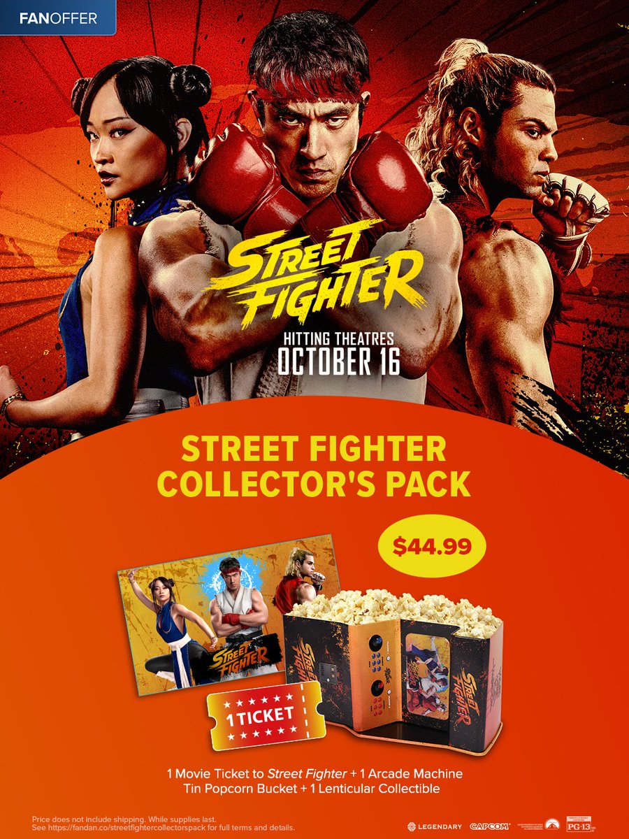 Fandango's tweet photo. Ready? Fight!

Get the #StreetFighter Collector's Pack featuring one movie ticket to experience the film on the big screen, plus an Arcade Machine Tin Popcorn Bucket and a Lenticular Collectible. Secure yours here👇
https://t.co/7doamOap5y https://t.co/1LiXjVG83h