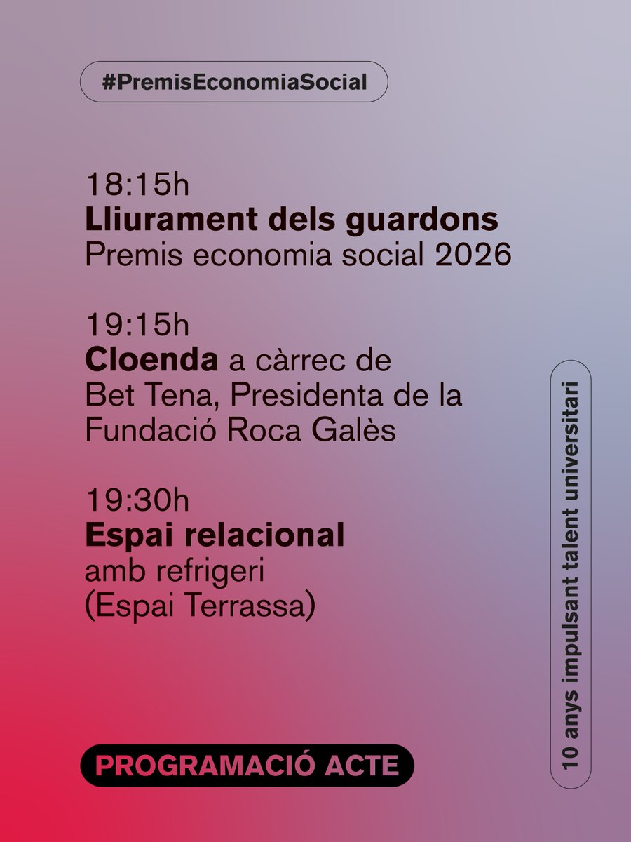 rocagales's tweet photo. 🎓 Ja tenim programació dels #PremisEconomiaSocial 2026!
📅 1 d’octubre · 18 h
📍 La Lleialtat Santsenca · Barcelona
🏆 Lliurament dels guardons, projecció audiovisual i espai relacional.
🎟️ Inscripcions: https://t.co/zzLmuDZj6J
⚠️ Aforament limitat! https://t.co/407q1MbWPL