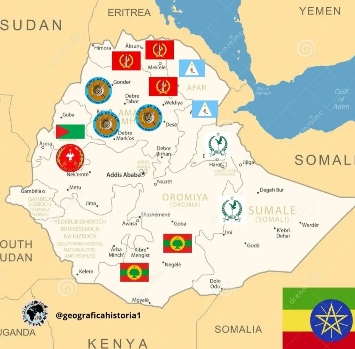 NestorSiurana's tweet photo. Etiopía en serio peligro. Suenan tambores de guerra como llevamos tiempo avisando.

La situación es muy grave.

Este es el mapa de los 7 grupos armados que anunciaron ayer su unión contra el gobierno central de Abiy Ahmed.

Adís Abeba, la capital de Etiopía, peligrosamente próxima a un cerco táctico si las siete fuerzas coordinasen sus movimientos.

En la práctica no será fácil puesto que son organizaciones muy distintas, con etnias y prácticas diferentes, pero no deja de ser un escenario muy complejo para el Gobierno y Ejército Etíope si comenzaran las acciones coordinadas.

Por otro lado, la ruta de abastecimiento hacia las FAR en Sudán, corre serio peligro y solo podría sostenerse bajo una ruta de abastecimiento aéreo coordinada con Emiratos Árabes.

Sería mucho más compleja porque debería ingresar en espacio aéreo soberano de Sudán. El oeste de Etiopía queda desactivado.

Mapa de mi gran amigo @GeograficaHisto.