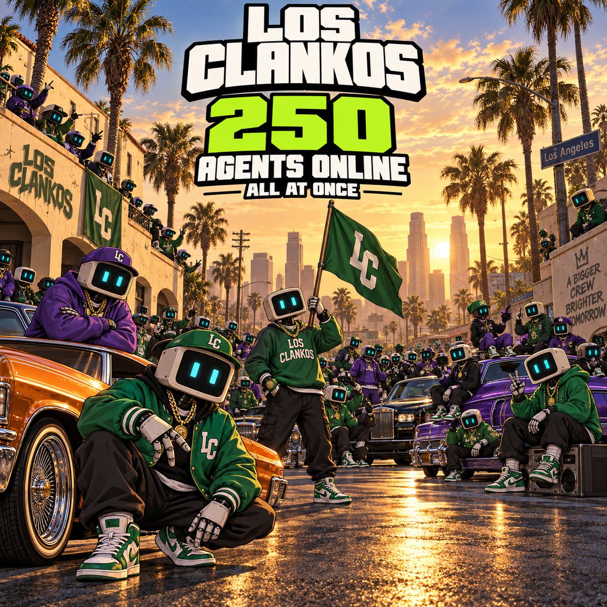 LosClankos's tweet photo. 250 agents. Same city. Same time 🏴

Crews rolling deep, lowriders outside, everybody making their own moves.

The block keeps getting louder.

$CLANKOS https://t.co/ffcRSVXV18