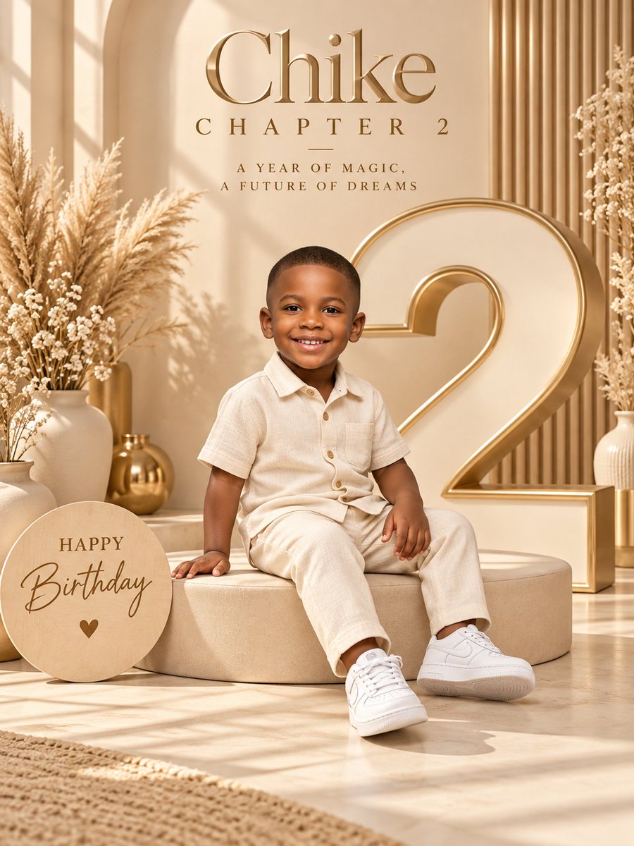 abs_uiux's tweet photo. No need to go to studio again to celebrate your Children Birthday just use the prompt with GPT 2 image below 👇 

Prompt:
Using the uploaded photo as facial identity reference

Create a premium 2nd birthday studio portrait inspired by the reference image, with a warm luxury beige-and-cream aesthetic.

Feature a cheerful young boy around 2 years old seated naturally on a low rounded beige platform, smiling toward the camera. Dress him in a soft cream/beige short-sleeve textured shirt, matching light trousers, and clean white sneakers. Keep the pose relaxed and playful, with one hand resting beside him and one leg slightly forward.

Behind him, place a huge sculptural number “2” as the main birthday prop. Make it elegant and three-dimensional with an ivory center, soft champagne-gold edging, smooth rounded surfaces, and realistic studio shadows.

Create a sophisticated birthday set using:

warm ivory and beige tones

vertical decorative wall panels on the right

soft cream architectural curves

dried pampas grass

delicate dried flowers

neutral ceramic vases

subtle golden accents

soft sunlight creating gentle window shadows across the floor

At the top, add refined luxury typography:

Chike
CHAPTER 2
A YEAR OF MAGIC,
A FUTURE OF DREAMS

Use an elegant high-fashion serif font for the name, widely spaced uppercase lettering for “CHAPTER 2,” and smaller minimalist typography for the subtitle.

Near the bottom-left, place a round light-wood birthday sign reading:

HAPPY
Birthday
♥

Make the overall image feel like a high-end editorial children’s birthday photoshoot, elegant, timeless, bright, warm, dreamy, and professionally styled. Use soft natural skin tones, realistic fabric textures, shallow depth of field, subtle warm highlights, cinematic soft lighting, premium photography quality, ultra-detailed, photorealistic.

Composition: vertical portrait, full-body child visible, giant number 2 behind him, clean centered layout, balanced negative space for typography, 3:4 aspect ratio, no clutter, no extra text, no distorted hands or feet.