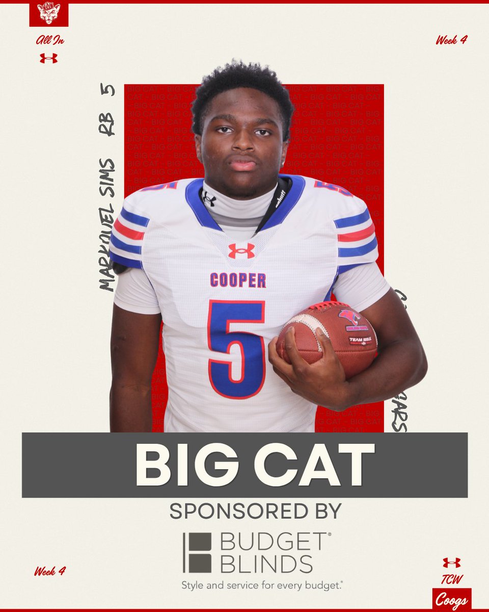 Coopercoogs1's tweet photo. Week 4 Game Awards:   
Big Cat - Markquel Sims
Mr. Offense - Joel Soto
Mr. Defense - Marshall Au  
Mr. Special Teams - Tayden Bender

Thank you to our sponsors Budget Blinds (@BudgetBlinds), Directors Investments, and Key City Homes (@keycityhomes)! https://t.co/DMKnwnCwji