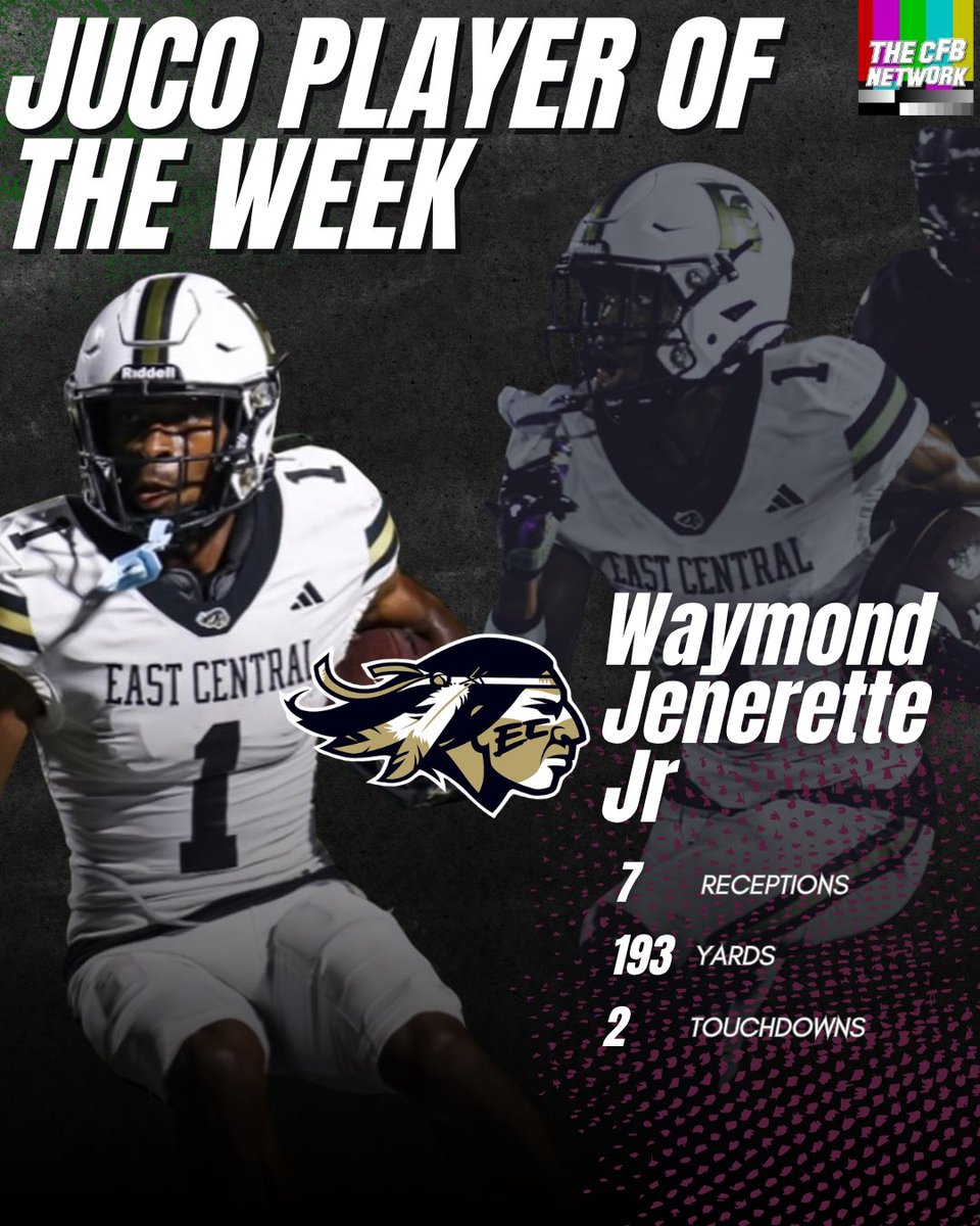 thecfbnetwork's tweet photo. Here are this week’s CFBNETWORK JUCO Players of the Week

Offense: @eccc_football WR Waymond Jenerette Jr
Defense: @MGCCCBulldogs DL Tyler Jenkins
Special Teams: @ButteFootball K Diego Pulido https://t.co/KDcf24BA8g
