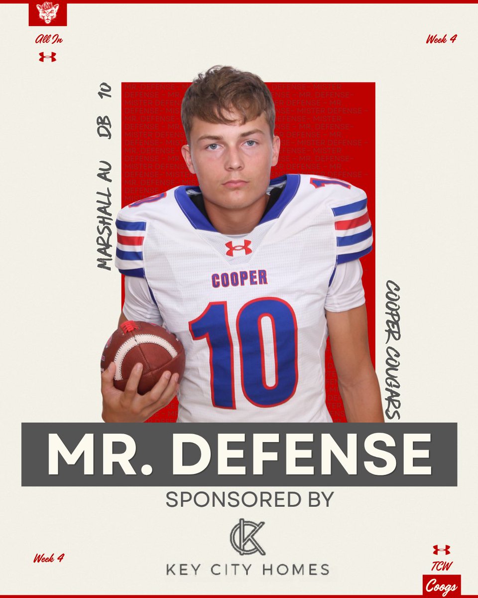 Coopercoogs1's tweet photo. Week 4 Game Awards:   
Big Cat - Markquel Sims
Mr. Offense - Joel Soto
Mr. Defense - Marshall Au  
Mr. Special Teams - Tayden Bender

Thank you to our sponsors Budget Blinds (@BudgetBlinds), Directors Investments, and Key City Homes (@keycityhomes)! https://t.co/DMKnwnCwji