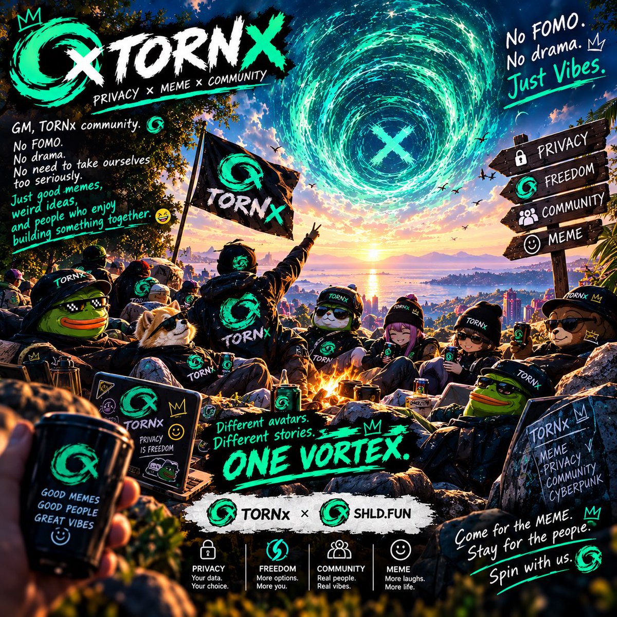 TORNXAZ's tweet photo. GM, TORNx community. 🌀

No FOMO.
No drama.
No need to take ourselves too seriously.

Just good memes, weird ideas,
and people who enjoy building something together. 😂

🔒 Privacy
🌀 Freedom
👥 Community
🎭 MEME

Different avatars.
Different stories.
One vortex.

TORNx × https://t.co/b1qTsWk8LV

Come for the MEME.
Stay for the people.
Spin with us. 🌀

#TORNx #SHLD #Meme #Community #Privacy #Cypherpunk
