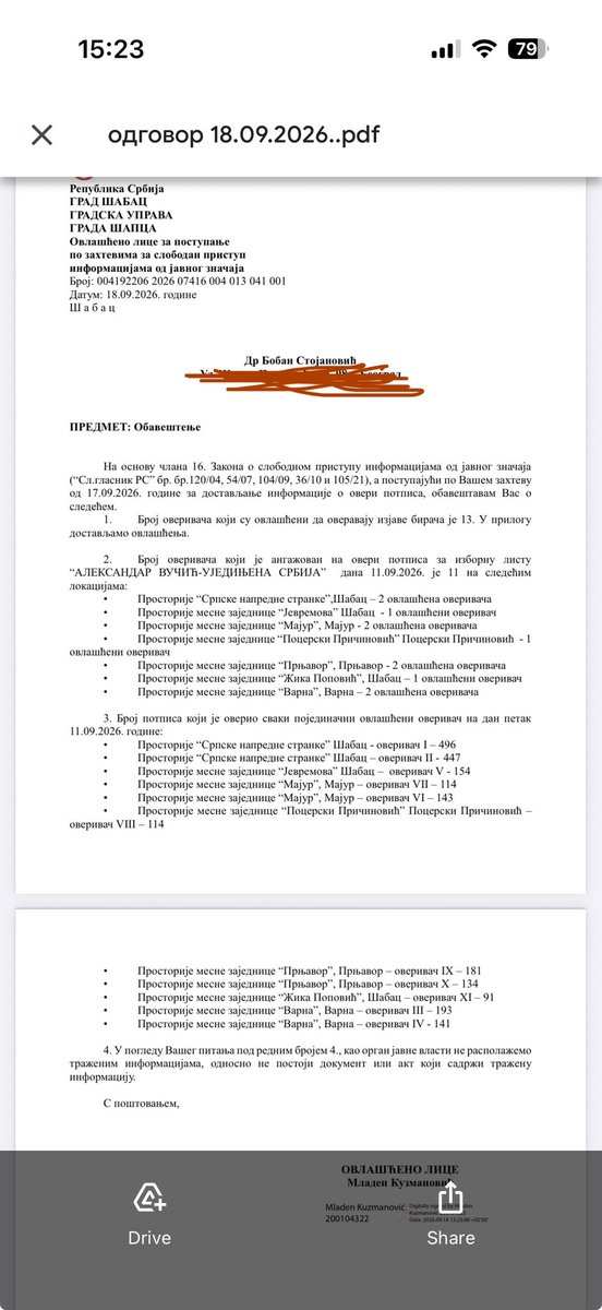 Radoholicar's tweet photo. Stigao odgovor iz GU Šabac. 
11 overitelja bilo angažovano. 
Dve osobe su za par sati overile 496 i 447 potpisa. 

Za tačku 4. ću tražiti uvid da sam napravim dokument, kad već oni neće jer informacije pojedinačno postoje. https://t.co/P8dSltUU9c