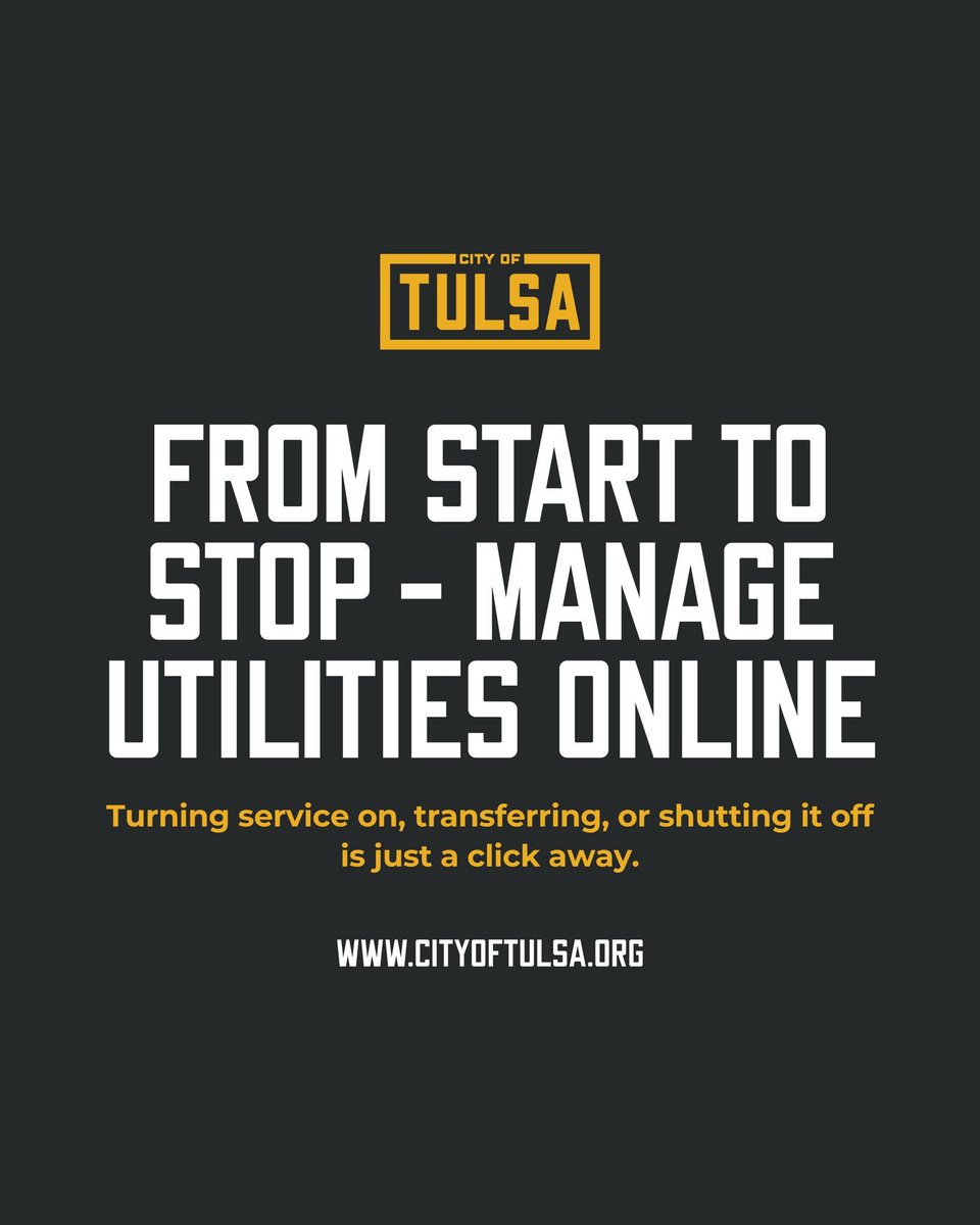 cityoftulsagov's tweet photo. You can now request to turn on, transfer, or shut off City utilities online - no phone call needed!
Find the online forms at https://t.co/GywZE1IEIS https://t.co/7cHdhCo6r6