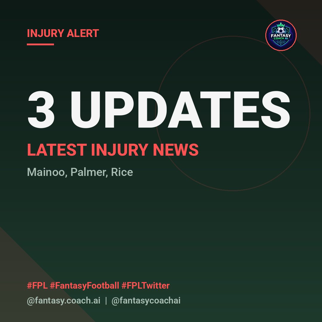 fantasycoachai's tweet photo. 🚨 INJURY UPDATES (3):

🚨 Mainoo (MUN) - doubtful: "Unspecified injury - 75% chance of playing"
🚨 Palmer (CHE) - doubtful: "Muscular injury - 75% chance of playing"
🚨 Rice (ARS) - doubtful: "Unspecified injury - 75% chance of playing"

Time for a transfer, or riding it out? #FPL #FPLCommunity #PremierLeague #FantasyFootball

Follow for the next one.