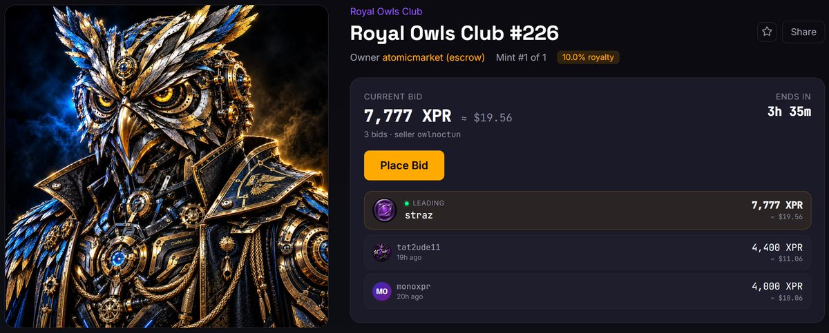 ONoctun's tweet photo. AUCTION IS LIVE!! (3h left)

Royal Owls Club #226
https://t.co/aVEvadav5T

$OWL @CYPHRMarket @MetallicusTDBN @XPRNetwork $XPR $METAL #Metallicus #XPRNetwork #XPR #MTL #NFTs #snips #Snipverse #NFTCommunity https://t.co/9lKOlujdf2