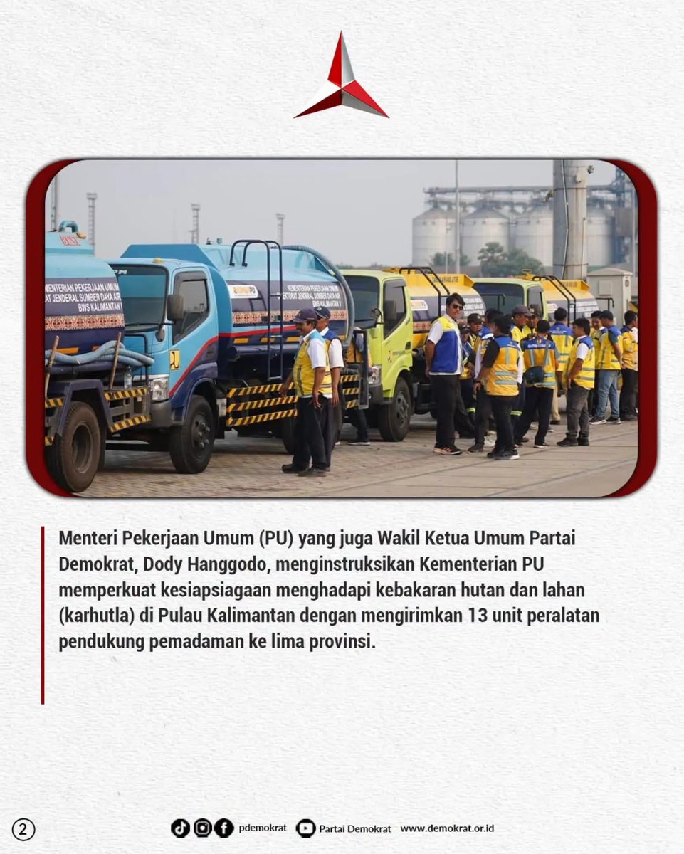 DPCDemokratLA's tweet photo. Menteri Pekerjaan Umum (PU) yang juga merupakan Wakil Ketua Umum Partai Demokrat, Dody Hanggodo, menginstruksikan Kementerian PU untuk bergerak cepat memperkuat kesiapsiagaan dalam menghadapi kebakaran hutan dan lahan (karhutla) di Pulau Kalimantan. 

#menteripu #dodyhanggodo https://t.co/7ZGRjPMJvT