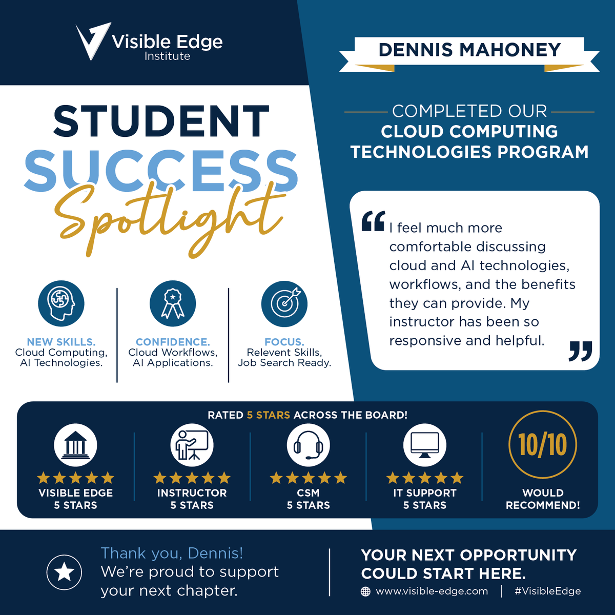 VisibleEdge's tweet photo. Technical knowledge + the confidence to explain its value.
Congratulations to Dennis Mahoney on completing Visible Edge’s Cloud Computing Technologies Program and strengthening his cloud and AI skills.
#VisibleEdge #CloudTechnology #AI #InformationTechnology #CareerDevelopment https://t.co/ns9ZoBChhG