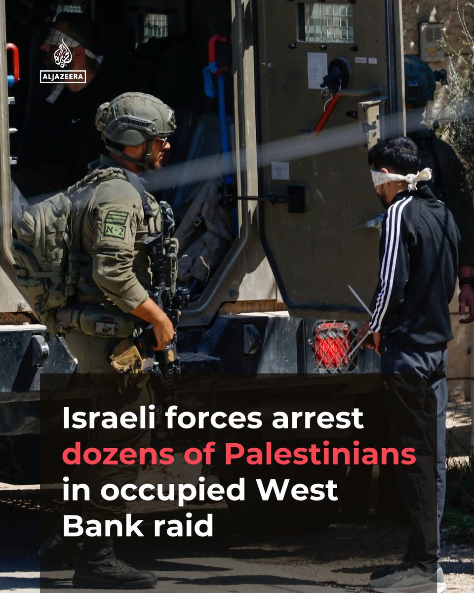 AJEnglish's tweet photo. Israeli forces have arrested at least 53 Palestinians during a raid on the town of Biddu, northwest of Jerusalem in the occupied West Bank.

🔗: https://t.co/4sW4rKiRIs https://t.co/vdkx8JOn5n