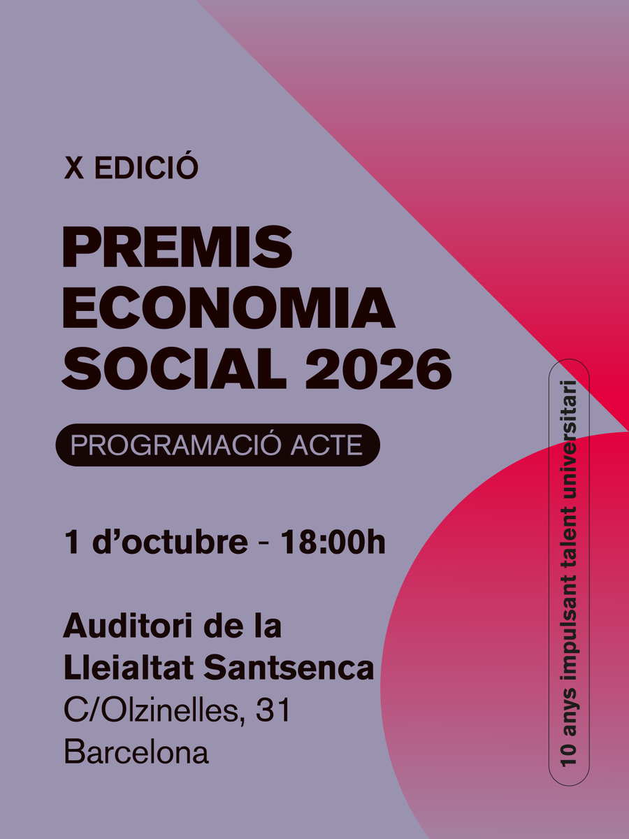 rocagales's tweet photo. 🎓 Ja tenim programació dels #PremisEconomiaSocial 2026!
📅 1 d’octubre · 18 h
📍 La Lleialtat Santsenca · Barcelona
🏆 Lliurament dels guardons, projecció audiovisual i espai relacional.
🎟️ Inscripcions: https://t.co/zzLmuDZj6J
⚠️ Aforament limitat! https://t.co/407q1MbWPL