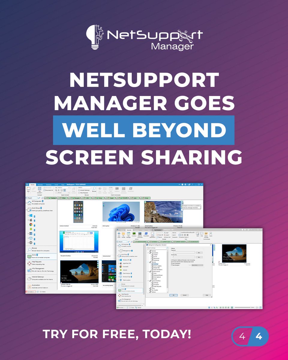 NetSupportNSM's tweet photo. Remote support or remote systems management? There's a difference. 👇

Basic remote support often looks like this:

Connect → view → control → disconnect.

NetSupport Manager goes much further:

Monitor → diagnose → control → automate → distribute → communicate → audit. https://t.co/NnbqNE3q6d